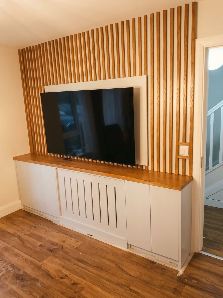 Vertical timber slat feature wall with TV, above a white radiator cover and oak-topped cabinet