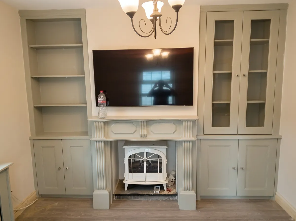 Pale grey alcove units with open shelves and glazed cabinet built either side of a fireplace