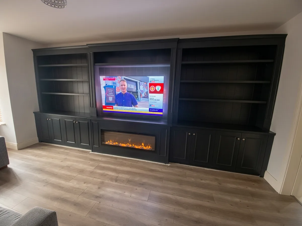 Charcoal full-width media wall with tongue-and-groove shelving bays, panelled cupboards and an inset fire